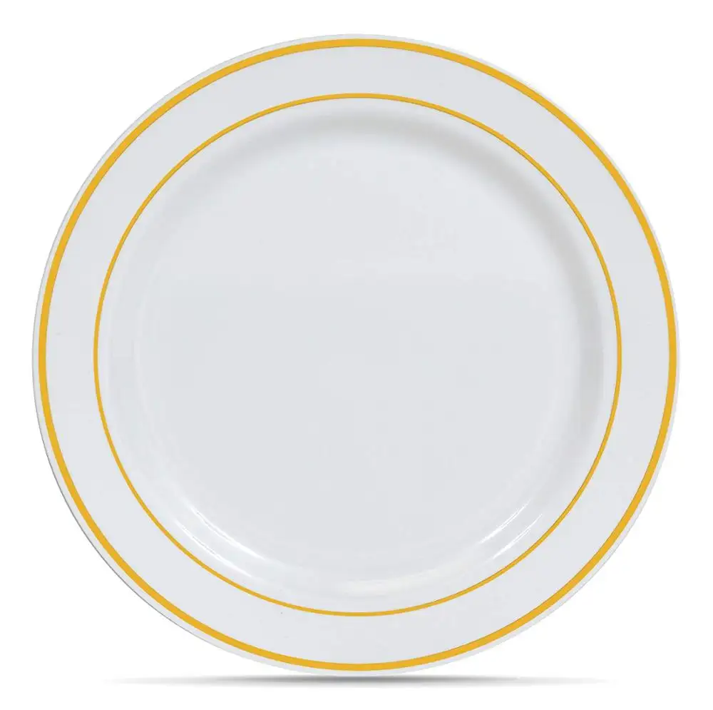 Тарелки с золотым ободом <span class=keywords><strong>100</strong></span>, Тарелки десертные тяжелые премиум-класса 10,25 дюйма, пластиковые тарелки для свадебной вечеринки/одноразовые тарелки для салата