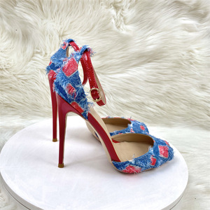 Sandales en jean à bout rond, talons aiguilles, chaussures d'été 2024 pour femmes, talons hauts personnalisés 10CM 12CM, nouveauté - Product Image 1