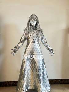 Nuevo espejo hombre mujer tela hecha a mano plata zancos Walker Show plata traje etapa vestido actuación disfraz vidrio Cosplay ropa - Product Image 5