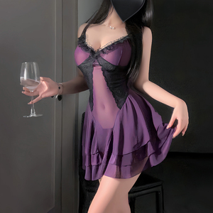 Camisón de encaje <span class=keywords><strong>lila</strong></span> sexy para mujer, lencería de red con bloques de <span class=keywords><strong>color</strong></span>, vestido de dormir transparente y diáfano - Product Image 2