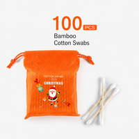 100 bâtonnets de coton en bambou à double extrémité ronde, jetables, emballés dans une pochette non tissée à cordon pour usage domestique quotidien