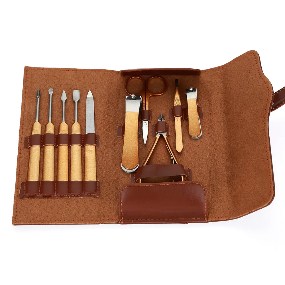 Profesyonel güzellik altın 10 adet manikür ve pedikür seti paslanmaz çelik kişisel tırnak bakımı Tool Kit ile deri çanta