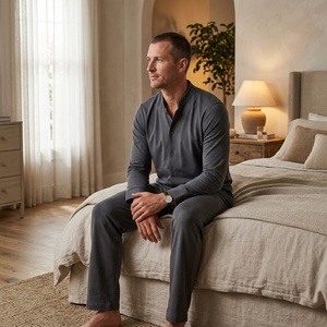 Set <span class=keywords><strong>Pigiama</strong></span> da <span class=keywords><strong>Uomo</strong></span> in Bambù, Maniche Lunghe con <span class=keywords><strong>Bottoni</strong></span>, Colletto Alto, Abbigliamento da Notte in Maglia, Set Loungewear OEM ODM Etichetta Privata per <span class=keywords><strong>Uomo</strong></span> - Product Image 2