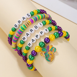 Mardi Gras <b>Beaded</b> <b>Bracelet</b> Set Colorful Party Jewelry With Jester Charm Unisex Fashion Accessory - Product Image 1