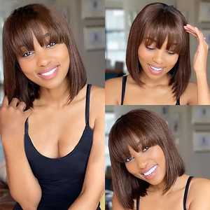 Perruque Carrée Droite Bob Complète et Épaisse <span class=keywords><strong>avec</strong></span> <span class=keywords><strong>Frange</strong></span> Couleur Chocolat 4# Cheveux Humains Indiens Courts et Lisses - Product Image 3