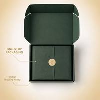 Boîte d'expédition de luxe personnalisée vert forêt avec logo doré, emballage boutique haut de gamme pour une expérience d'ouverture éco-luxe