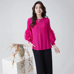 Factory-direct 2026 Spring New Design Vintage Bow Collar Flower-Sleeve Dragon Scale Pleats Loose Plus-Size Slimming Pleated <strong>Top</strong> - Product Image 1