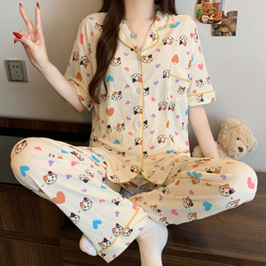 Conjunto de pijama de manga corta para mujer, estilo coreano, lindo y elegante, de tela arrugada - Nueva colección de primavera - Product Image 6