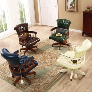 Poltrona Girevole in Vera Pelle Stile Americano-Europeo con Base in Legno e Ruote per Casa e <span class=keywords><strong>Ufficio</strong></span> - Product Image 2