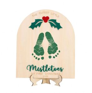 Holiday Keepsake Wooden Mistletoe Craft Milestone Baby's First <b>Christmas</b> Footprint Card Ornament - Product Image 1