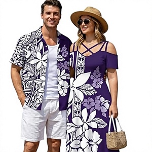 Elegant Matching Couple Outfit Set <b>Purple</b> Floral Print <b>Shirt</b> And Dress Summer Vacation Wear For His And Hers Fashion - Product Image 1
