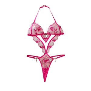 Body sexy à col licou brodé floral, lingerie en maille transparente ajourée, teddy sculptant artisanal pour femme - Product Image 5