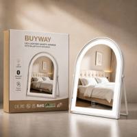 Miroir de maquillage LED en bois cintrée avec haut-parleur Bluetooth, 3 couleurs réglables, commande tactile, miroir de vanité OEM ODM en gros