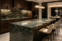 Dalle de marbre vert noir de luxe, dalle de pierre vert foncé avec veine dorée pour mur de villa, fond de cuisine, îlot de cuisine, comptoir