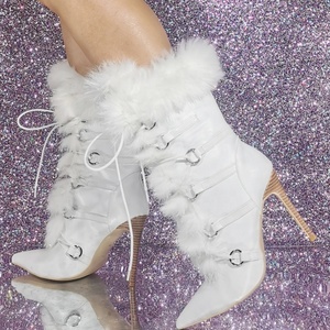 White Fur Women Lace up Buckles Short Booties Wide Fit Size 47 High Heels Stiletto Shoes Winter Fluffy Ankle <b>Boots</b> - Product Image 1