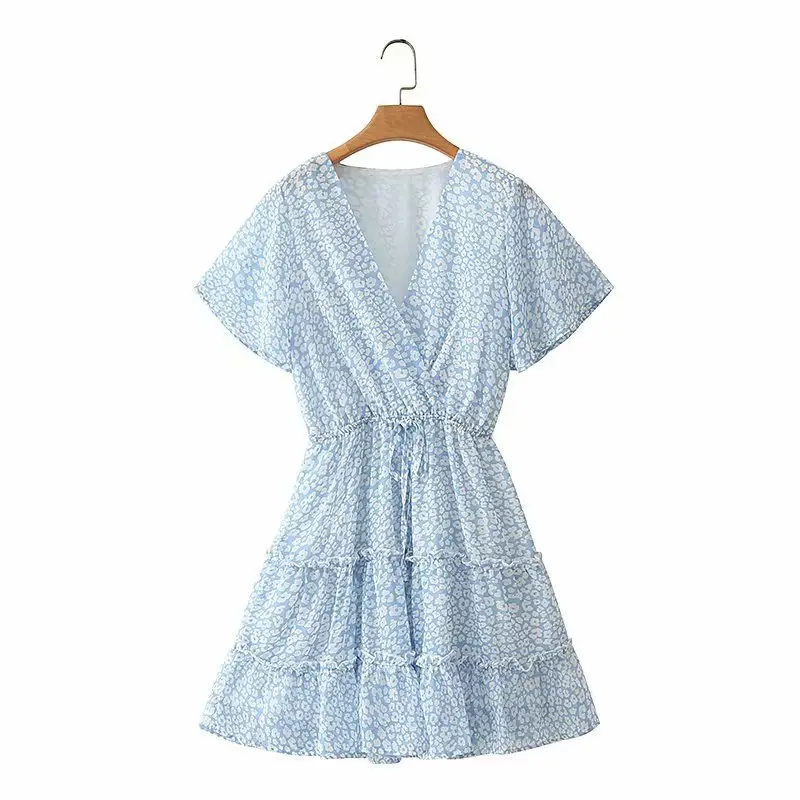 Q171 New LIght BlueヒョウPrint V Neck Patchwork Tiny Ruffles Slim Waist A-line Mini Dress Women Summer Short Sleeve Dresses