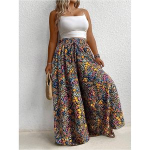 Pantalon palazzo fluide grande taille pour femme, motif floral, coupe large, taille haute, style bohème, idéal pour les vacances d'été et les croisières - Product Image 5