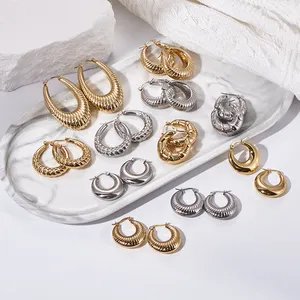 Perhiasan anting-anting Hypoallergenic gratis noda OEM baja tahan karat 18k berlapis emas Cc tebal anting-anting Hoop untuk wanita