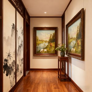 Tranh in dầu phong cảnh trang trại hiện đại trên vải với cảnh đồng quê sông nước, gia súc (bò & cừu) trang trí tường nhà, có khung - Product Image 4