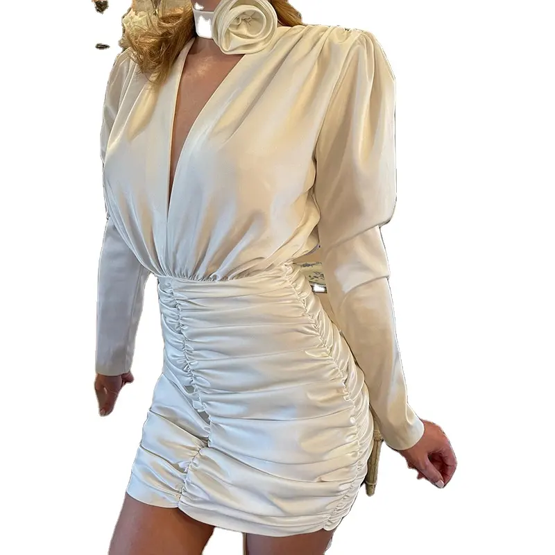 2023 nouvelle mode Style coréen col en v été Sexy à manches longues femmes fête blanc robe courte