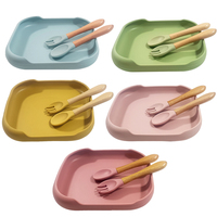 Produits pour bébés, assiette carrée pour tout-petits avec ventouse puissante, manche en bois, cuillère et fourchette en silicone, vaisselle durable