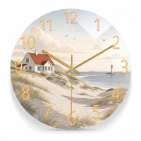 Horloge murale ronde en verre avec impression paysage montagne et église, horloge murale silencieuse de luxe en verre pour décoration murale de salon de ferme
