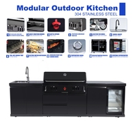 Barbecue d'extérieur moderne de luxe au charbon de bois avec réfrigérateur, armoire, évier, en acier inoxydable noir, emballage en boîte en bois souple