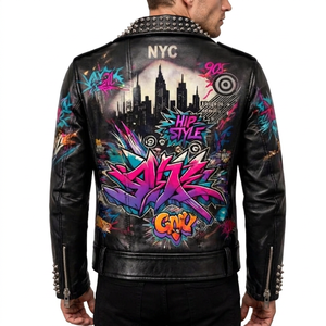 Veste de moto en cuir pour homme, style punk, avec imprimé graffiti, décorations à rivets, fermeture éclair, col rabattu, pour l'automne - Product Image 5