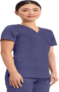 Haut de blouse médicale unisexe à col cache-cœur, 3 poches, extensible dans les deux sens, en tissu sergé durable (polyester + rayonne + élasthanne), pour usage hospitalier - Product Image 4