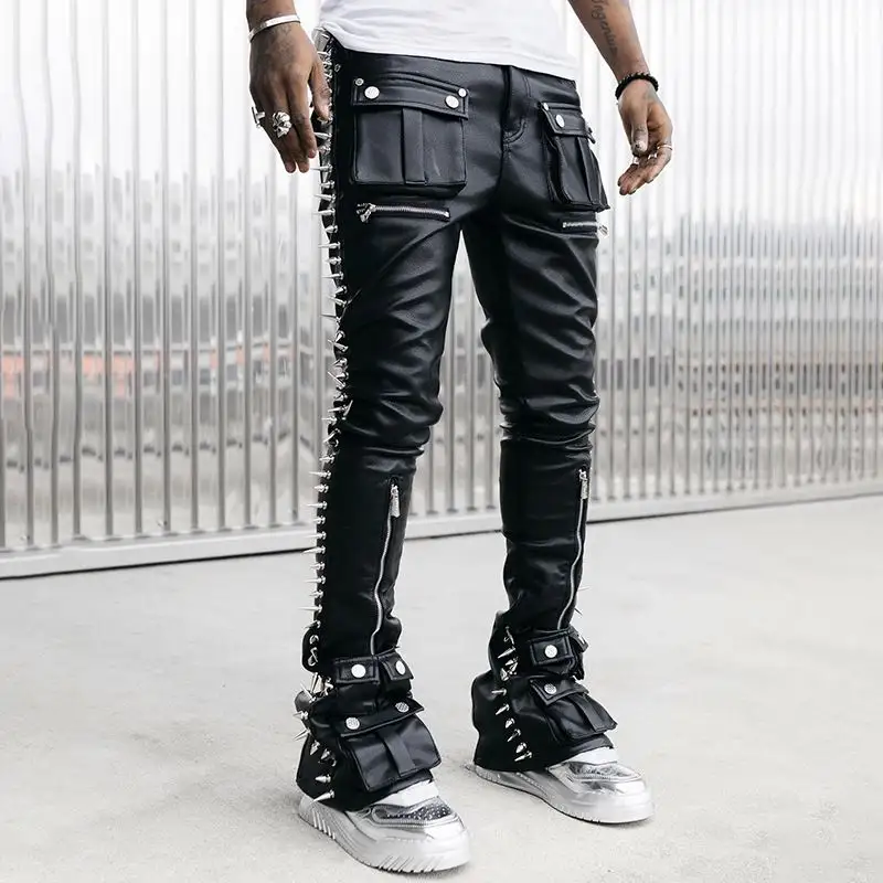 Custom Logo Soft Black Leather Cargo Pants Casual Slim Fit Motorcycle Men Leather Pants With Pocket