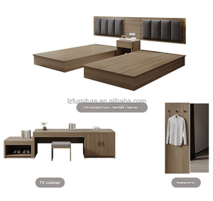 Ensemble de lit double sur mesure pour hôtel, lit moderne en bois pour chambre d'hôtel avec tête de lit rembourrée et fixée au mur, pour hôtel 3 étoiles - Product Image 2