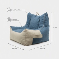 Fauteuil pouf moderne inclinable en mousse patchwork bleu beige avec poche latérale et poignée supérieure en tissu lin, canapé paresseux pour salon et chambre
