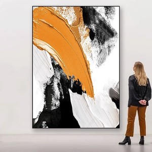 Pintura al óleo pintada a mano, arte abstracto en lienzo negro, blanco y naranja, decoración moderna enmarcada rectangular para sala de estar, pared de entrada - Product Image 1