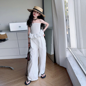 Top a Tubo Bianco con Volant per Ragazze, <span class=keywords><strong>Pantaloni</strong></span> Dritti a Vita Alta in Pizzo, Stile Coreano in Cotone Casual, Nuova Collezione 2025 Elegante per Bambine - Product Image 6