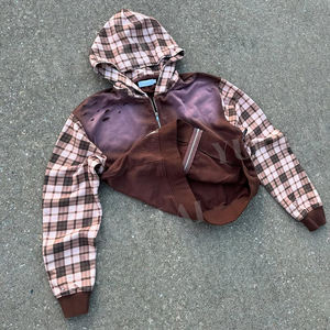 Logo personnalisé 100% coton Patchwork bloc de couleurs à carreaux recadrée lavage à l'acide en détresse <span class=keywords><strong>soleil</strong></span> fané fermeture éclair Vintage à capuche pour hommes - Product Image 2