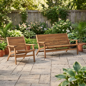 Ensemble de chaises longues d'extérieur en teck massif, 2 pièces, canapé à lattes avec fauteuils - Product Image 2