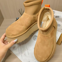 Sepatu Bot Mini Wanita Berbahan Suede dengan Bagian Atas Elastis, Berlapis Bulu, Sol Tebal, Hangat, Anti Selip untuk Musim Dingin dan Salju