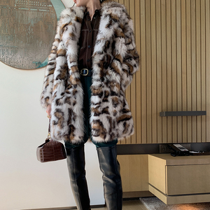 Pelliccia di volpe <span class=keywords><strong>tutto</strong></span> fatto <span class=keywords><strong>a</strong></span> mano selvaggio della stampa del leopardo di medio lungo foderato di pelliccia cappotto cappotto di pelliccia - Product Image 3