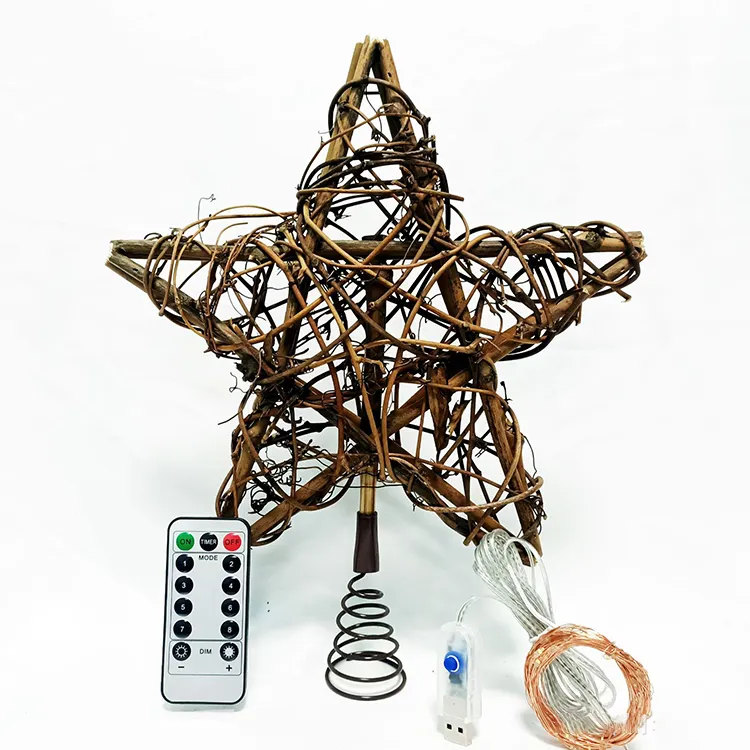 Ornements de Noël en rotin avec fil de cuivre Lumières LED Arbre de Noël Topper Décorations étoiles à cinq branches