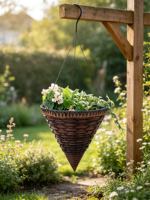 Panier suspendu en ciment brun foncé de style américain, sculpté à la main, avec bord en zigzag, 3 crochets métalliques, pour l'intérieur et l'extérieur, jardin, fleurs
