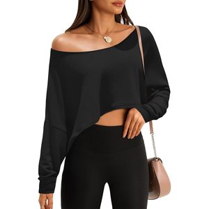 Custom <b>Womens</b> Off Shoulder <b>Cropped</b> <b>Top</b> Batwing Long Sleeve Loose Fit Yoga <b>Top</b> <b>Black</b> - Product Image 1