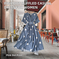 Robes midi personnalisées pour femmes, tendance automne, imprimées à pois roses, à volants, respirantes, tissées, plissées, décontractées