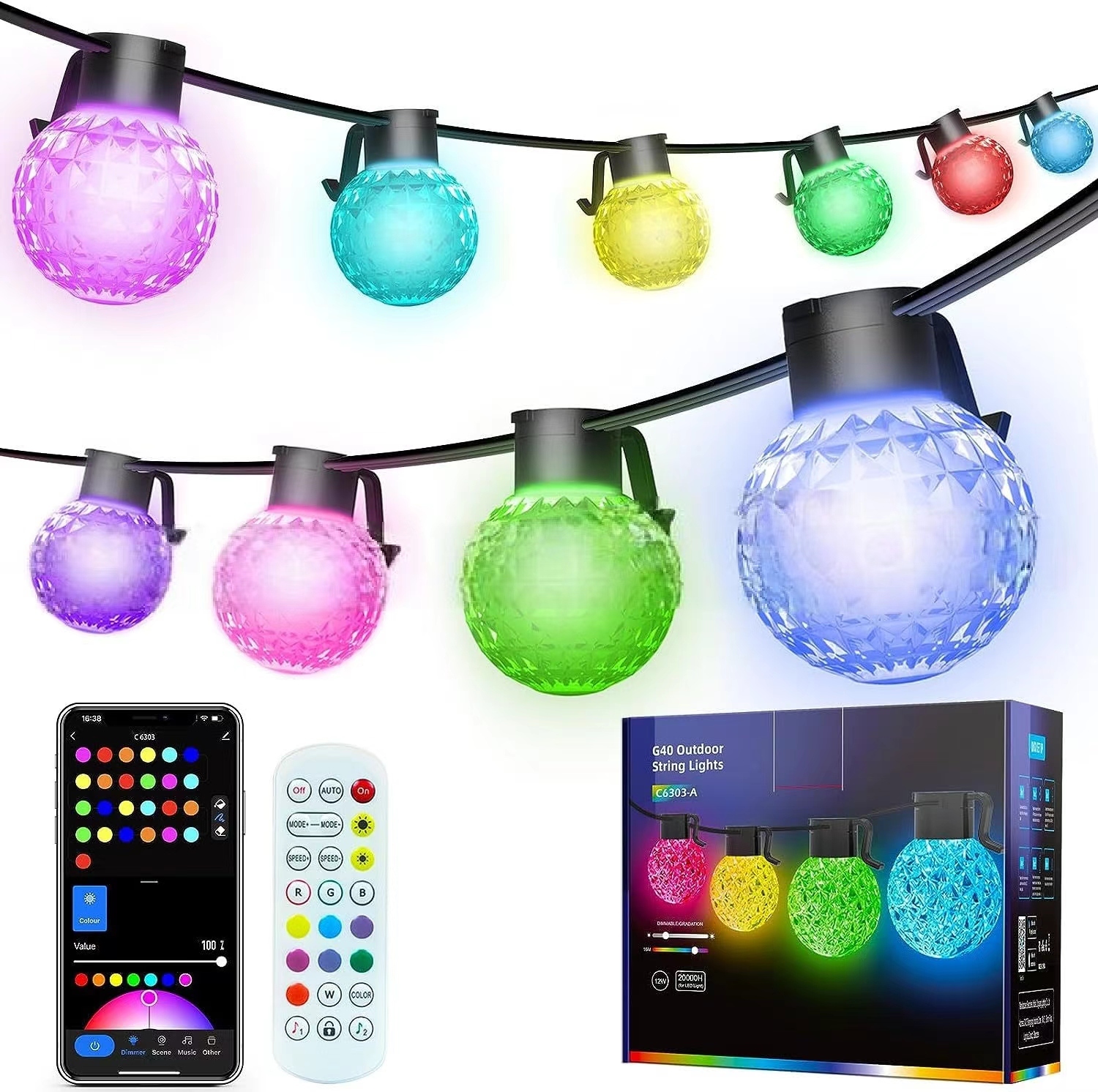 12m Smart RGB LED Decorative Lighting String 25 Lights G40 Magic Color Bubble Lamp Waterproof for Camping & Christmas Atmosphere