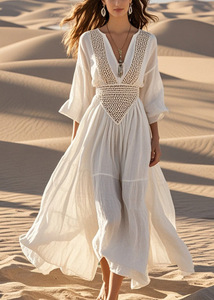 Vestido Maxi de verano elegante de alta calidad para mujer, túnica bordada con manga larga, cubierta de algodón de encaje, Vestido camisero con botones, vestido informal Sexy - Product Image 5