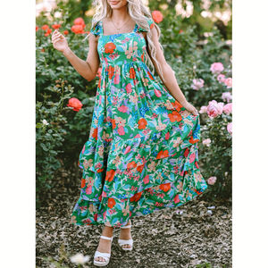 Sevgili-sevgilisi toptan moda butik giyim kadınlar Vestido Boho Bohemian çiçek baskılı büzgülü kısa kollu uzun Maxi elbise - Product Image 2