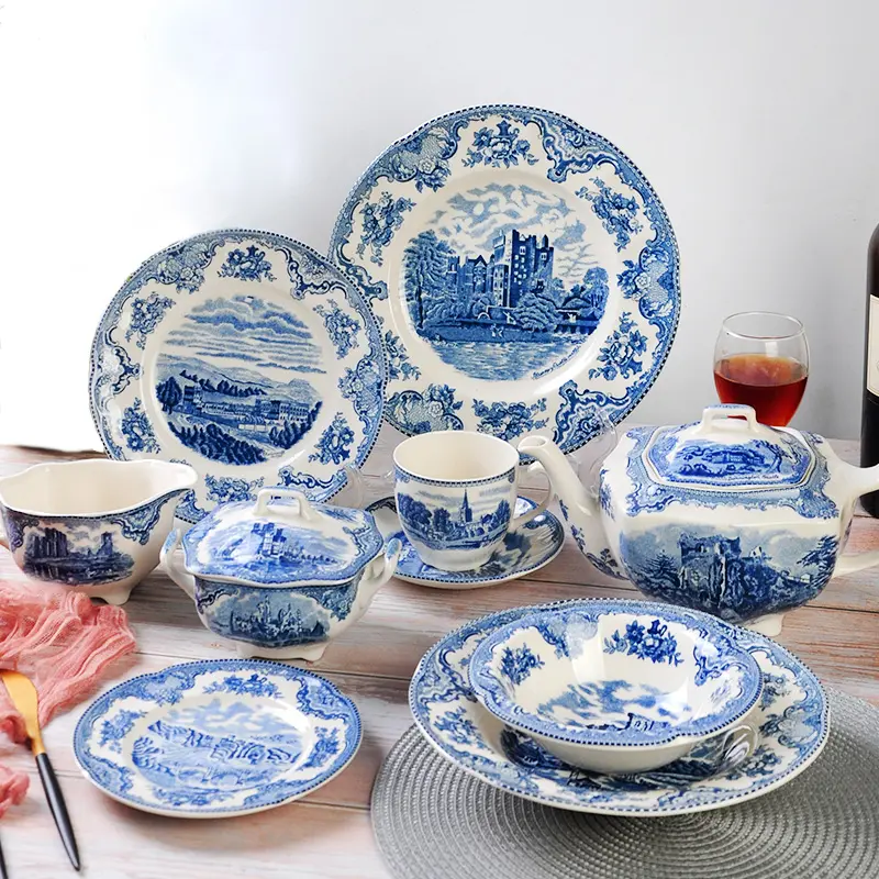 Plato de postre de cerámica, Serie de Castillo azul europeo de buena calidad, clásico
