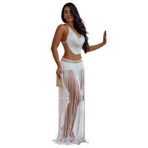 European and American women's sexy backless <b>tied</b> rope hanging neck top, half skirt tassel <b>set</b> wholesale - Product Image 6