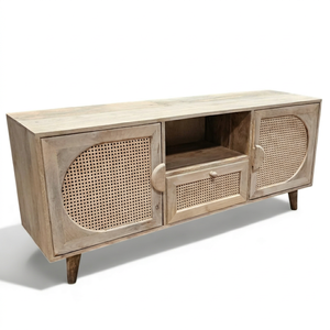 Meuble TV rustique en bois fait main avec deux portes, un tiroir et étagère ouverte, finition naturelle, console multimédia pour salon - Product Image 1
