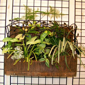 Maceta colgante con aspecto de madera rústica y acabado tallado a mano para decoración de pared con flores y plantas verdes. - Product Image 1