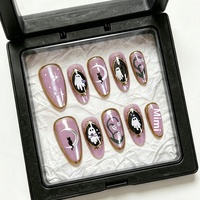 Ongles artificiels Halloween transfrontaliers très demandés, motifs fantômes, étoiles, lunes et chats mignons, finition œil-de-chat violette, personnalisables, 30 pièces